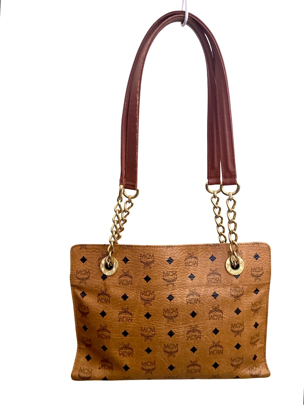 MCM Visetos Cognac Shoulder Bag Gold Chain Strap Medium Tote - Picture 4 of 17